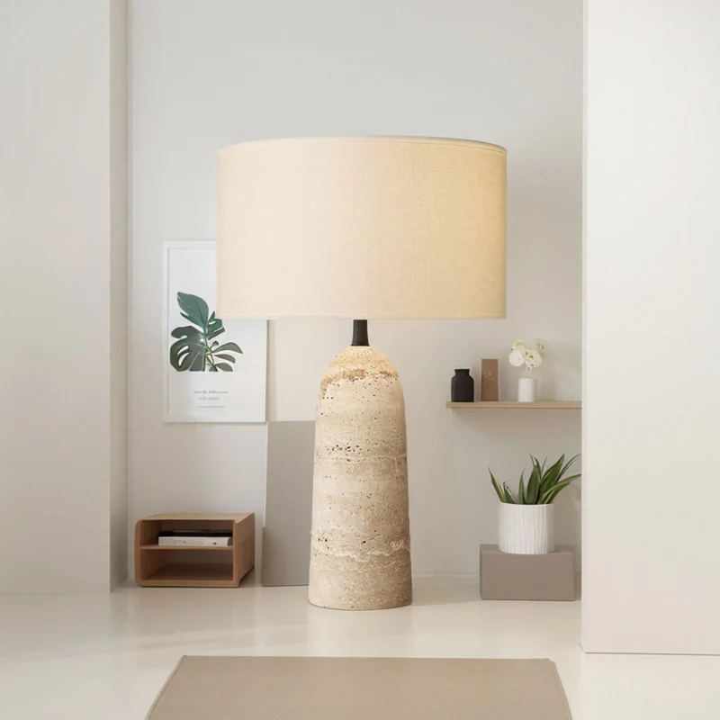 Natuursteen Tafellamp met Linnen Kap Beige Travertin Organisch Wabi-Sabi Design 30x46cm | Sansoti