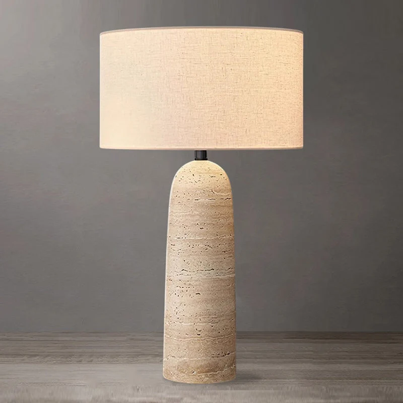 Natuursteen Tafellamp met Linnen Kap Beige Travertin Organisch Wabi-Sabi Design 30x46cm | Sansoti