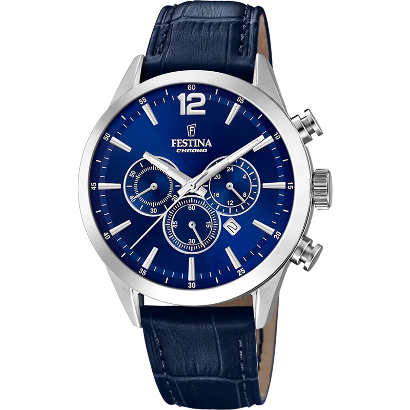 Festina Timeless Chronograph F20542/2 Herrenuhr Blau • Chronograph • Blaues Lederarmband