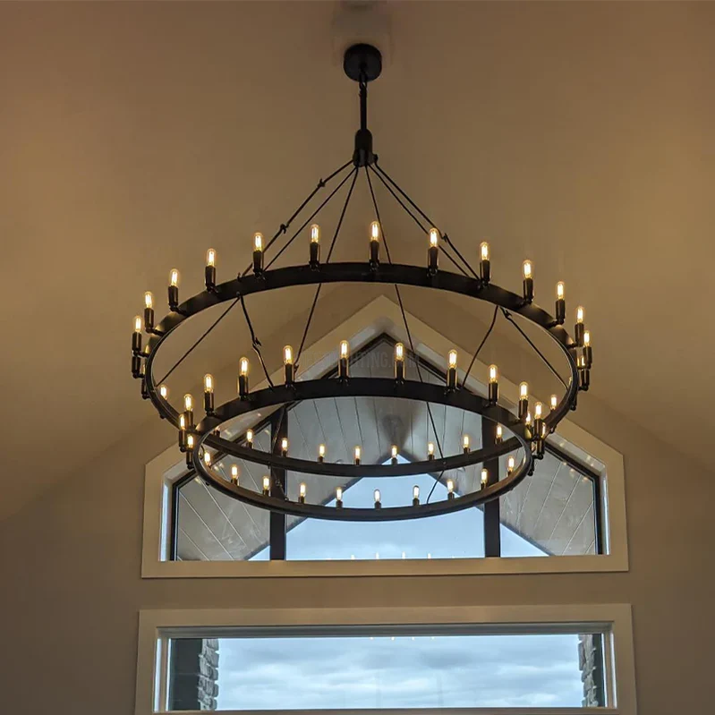 Industriële Kroonluchter Vintage Filament Zwart Mat Messing Twee Lagen Woonkamer Eetkamer Verlichting | Sansoti