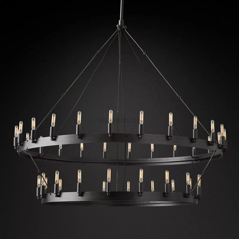 Industriële Kroonluchter Vintage Filament Zwart Mat Messing Twee Lagen Woonkamer Eetkamer Verlichting | Sansoti