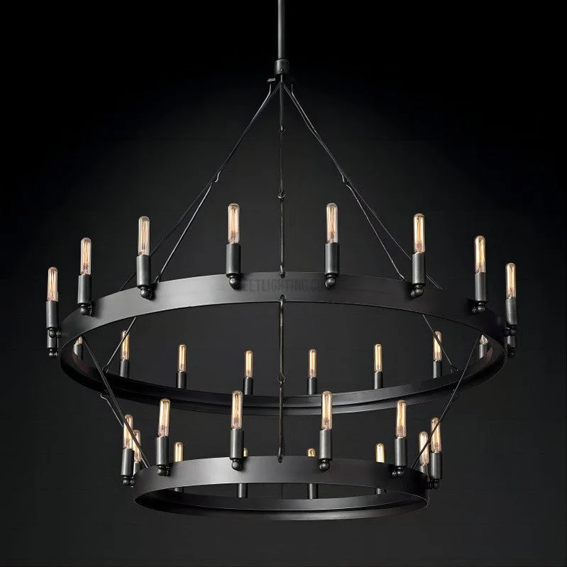Industriële Kroonluchter Vintage Filament Zwart Mat Messing Twee Lagen Woonkamer Eetkamer Verlichting | Sansoti