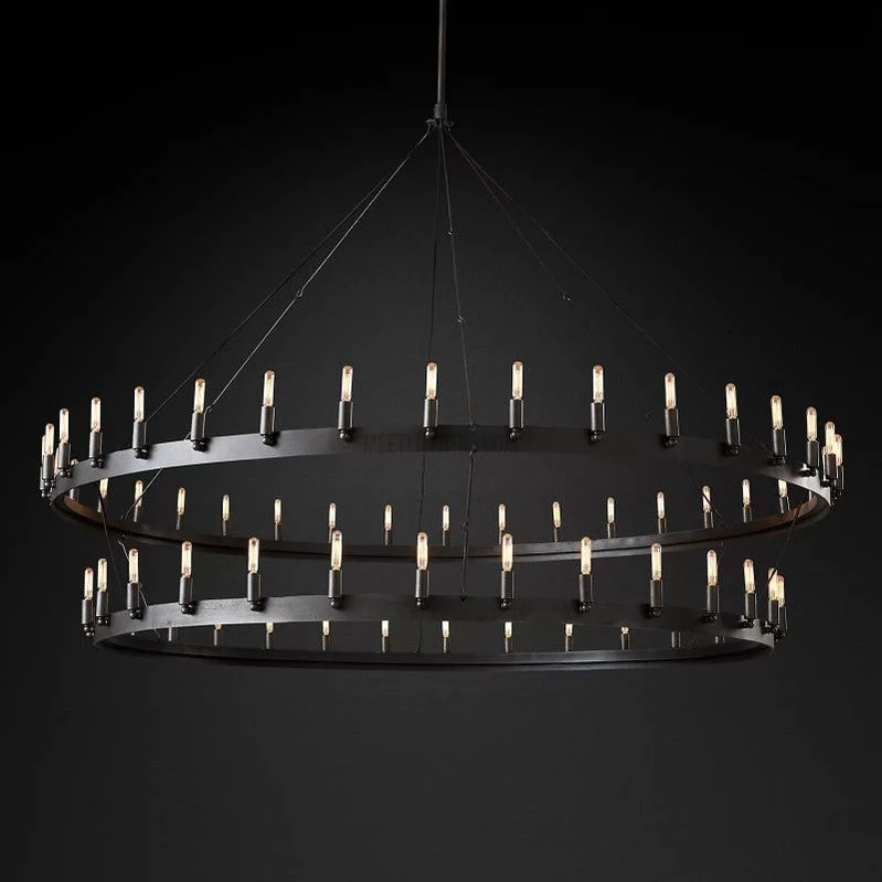 Industriële Kroonluchter Vintage Filament Zwart Mat Messing Twee Lagen Woonkamer Eetkamer Verlichting | Sansoti