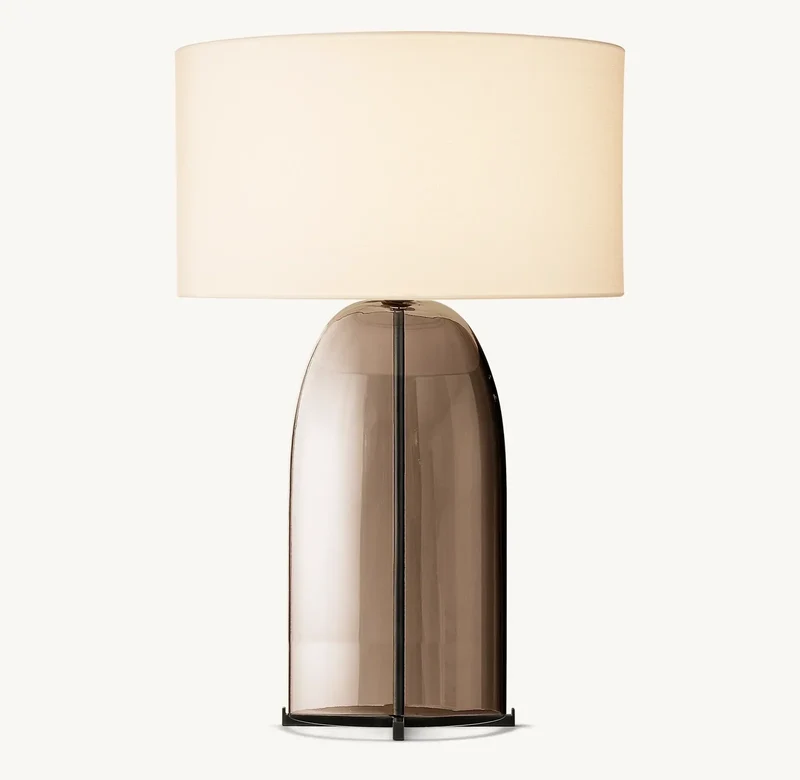 Tafellamp Amber Glas met Ovale Linnen Kap Metalen Voet Woonkamer Slaapkamer Bureaulamp Moderne Verlichting | Sansoti