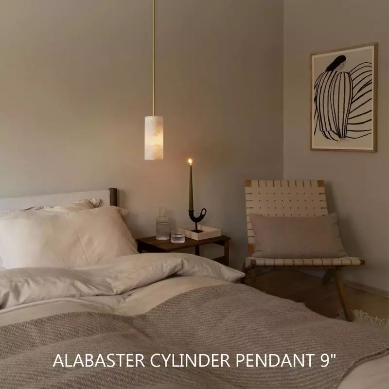 Cilindervormige Hanglamp Natuursteen Handgesneden Alabaster Metaal E26 Warm Licht Eetkamer Slaapkamer | Sansoti