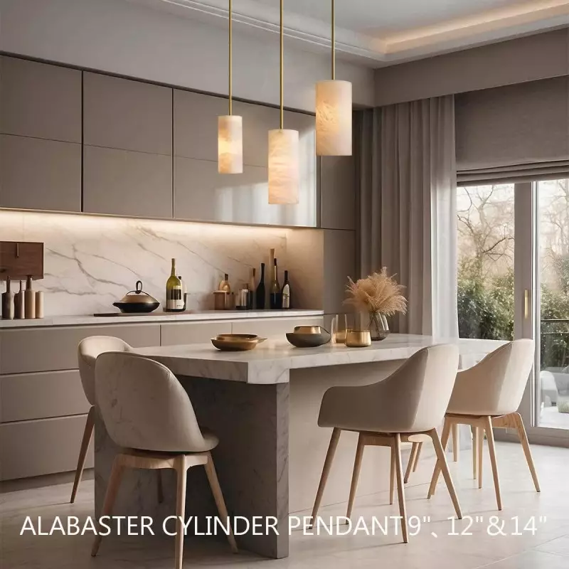 Cilindervormige Hanglamp Natuursteen Handgesneden Alabaster Metaal E26 Warm Licht Eetkamer Slaapkamer | Sansoti