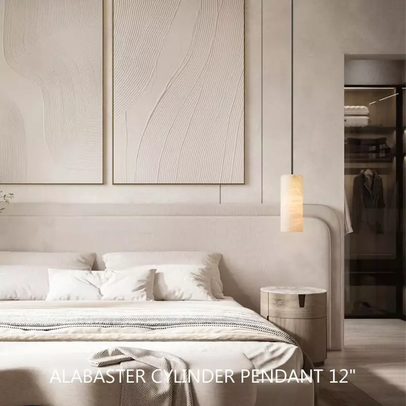 Cilindervormige Hanglamp Natuursteen Handgesneden Alabaster Metaal E26 Warm Licht Eetkamer Slaapkamer | Sansoti