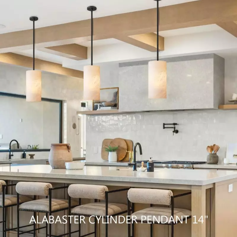 Cilindervormige Hanglamp Natuursteen Handgesneden Alabaster Metaal E26 Warm Licht Eetkamer Slaapkamer | Sansoti