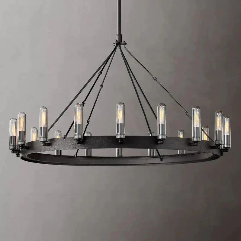 Ronde Kroonluchter Vintage Filament Buitenverlichting Mat Zwart IJzer 18-30 Lichtpunten Dimbaar Industrieel | Sansoti