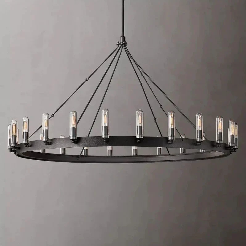Ronde Kroonluchter Vintage Filament Buitenverlichting Mat Zwart IJzer 18-30 Lichtpunten Dimbaar Industrieel | Sansoti