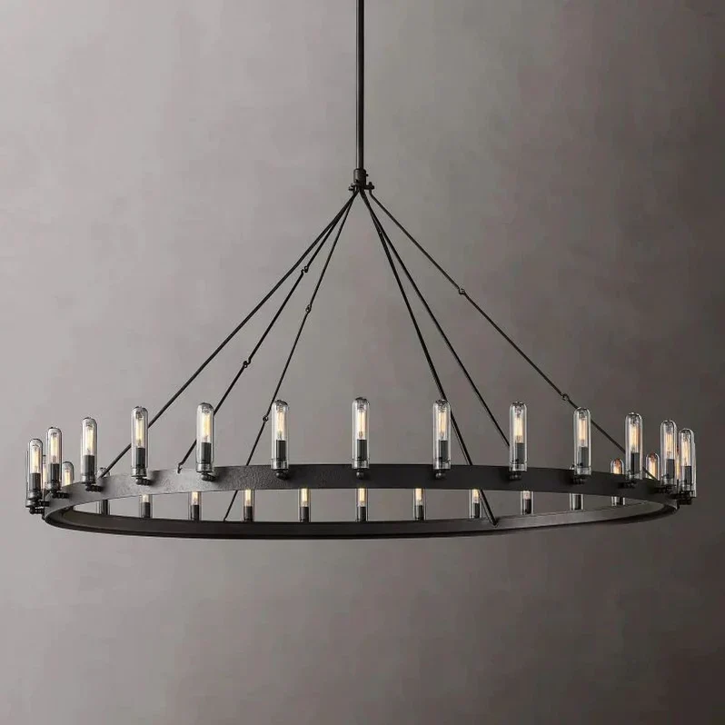 Ronde Kroonluchter Vintage Filament Buitenverlichting Mat Zwart IJzer 18-30 Lichtpunten Dimbaar Industrieel | Sansoti