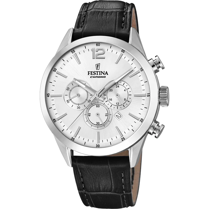 Festina Timeless Chronograph F20542/1 Herrenuhr Silber • Chronographenfunktion • Lederarmband