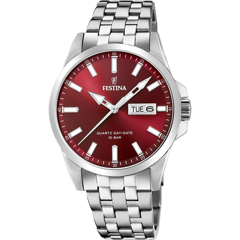 Festina Classics F20357/G Herrenuhr Rot • Quarzwerk • Edelstahlarmband