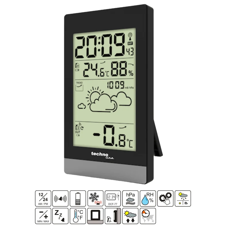 Wetterstation – Funkgesteuerte Uhr – Wettervorhersage – Anzeige von Innen- und Außentemperatur – Luftfeuchtigkeit im Innenraum – Technoline WS 9132