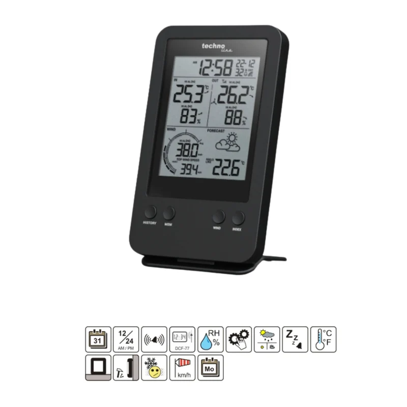Digitale Funk-Uhr-Wetterstation - Innen- und Außentemperaturanzeige - Technoline WS 9008
