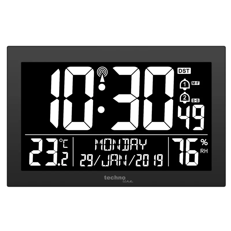 Digitale Funk-Wanduhr / Tischuhr - Thermometer / Hygrometer - Datum - Alarmfunktion - Technoline WS 8017