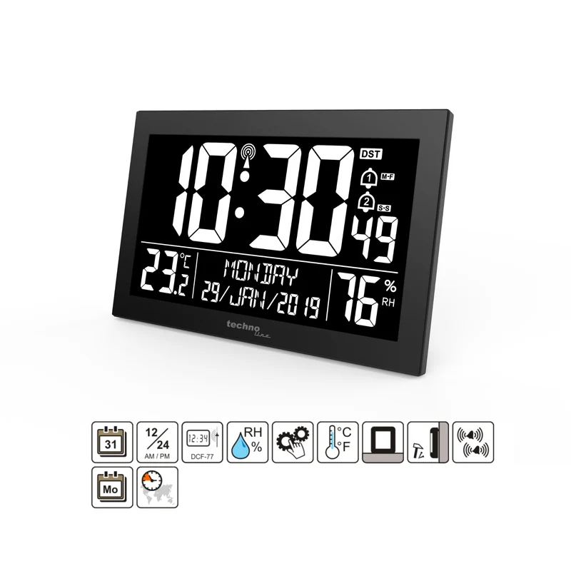 Digitale Funk-Wanduhr / Tischuhr - Thermometer / Hygrometer - Datum - Alarmfunktion - Technoline WS 8017