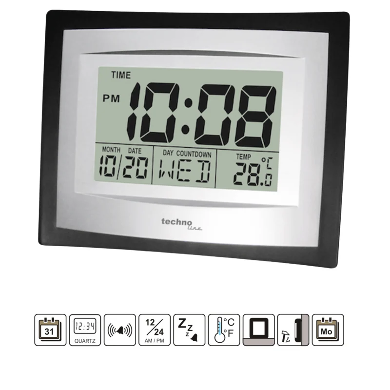 Digitale Wanduhr - Datum - Temperatur - Alarmfunktion - TechnoLine WS 8004