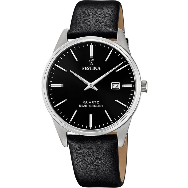 Festina Classics F20512/4 Herrenuhr Schwarz • Schwarzes Lederarmband • Quarzwerk MIYOTA