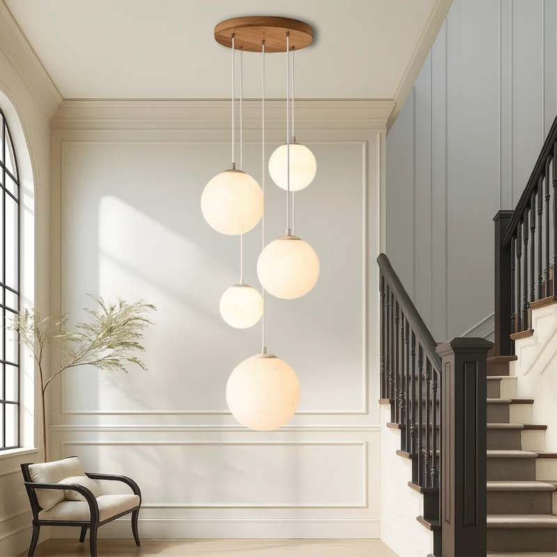 Maan Hanglamp Trapgat 5 Glazen Bollen E27 LED Verstelbaar Modern Scandinavisch Design voor Hoog Plafond | Sansoti