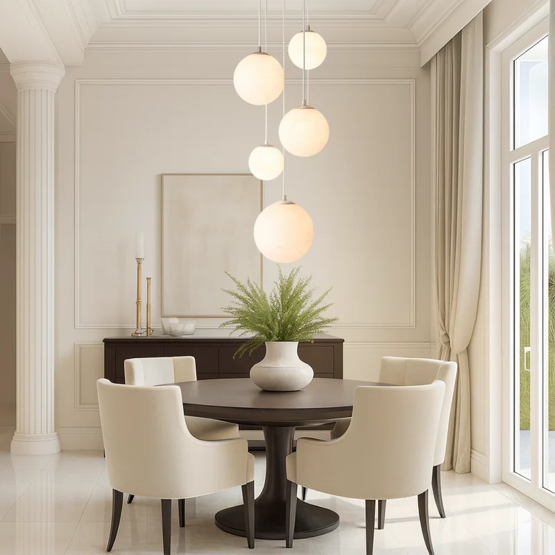 Maan Hanglamp Trapgat 5 Glazen Bollen E27 LED Verstelbaar Modern Scandinavisch Design voor Hoog Plafond | Sansoti