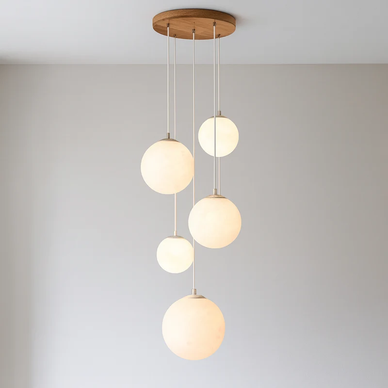Maan Hanglamp Trapgat 5 Glazen Bollen E27 LED Verstelbaar Modern Scandinavisch Design voor Hoog Plafond | Sansoti