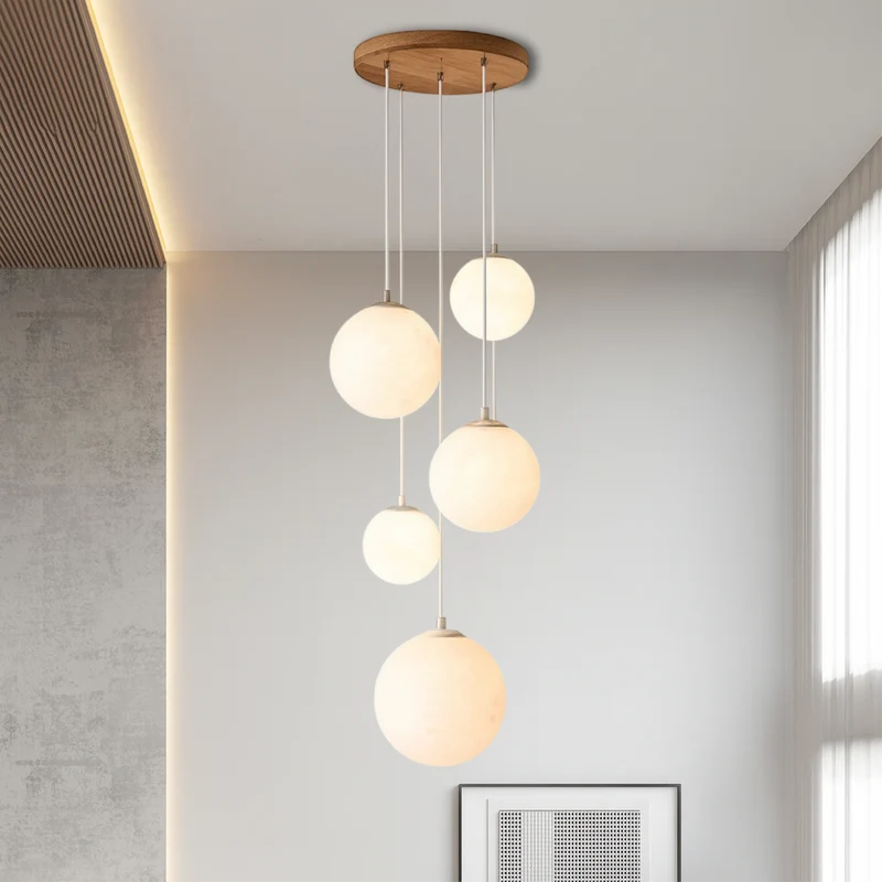 Maan Hanglamp Trapgat 5 Glazen Bollen E27 LED Verstelbaar Modern Scandinavisch Design voor Hoog Plafond | Sansoti