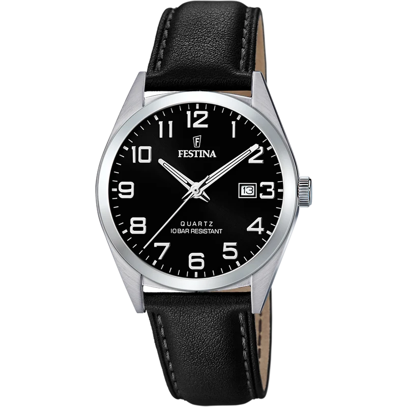 Festina Classics F20446/3 Herrenuhr Schwarz • Schwarzes Lederarmband • 10 ATM Wasserdicht