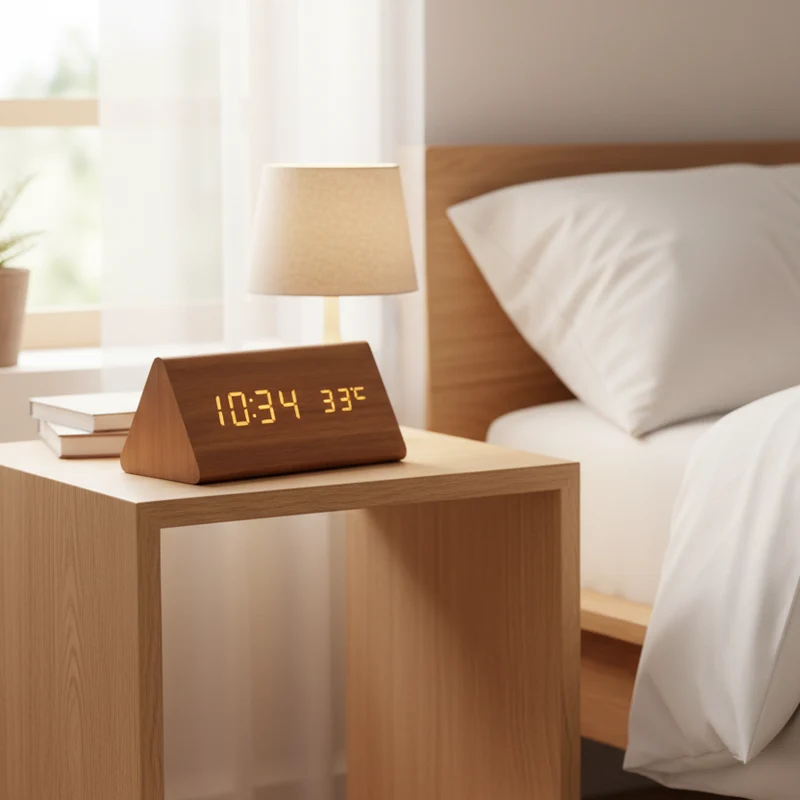 Digitale Houten Tafelklok met Stemactivering LED-Tijdsweergave Wekker Temperatuur voor Slaapkamer Kantoor | Sansoti