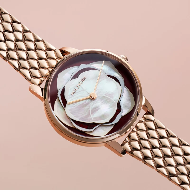 Holzkern Rosetta Damen Armbanduhr Roségold • Miyota-GL24 Quarzwerk • Echtes Perlmutt & Jaspis