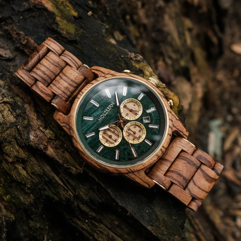Holzkern Askja Herrenuhr • Naturholz & Marmor • Dual Time Quarzwerk