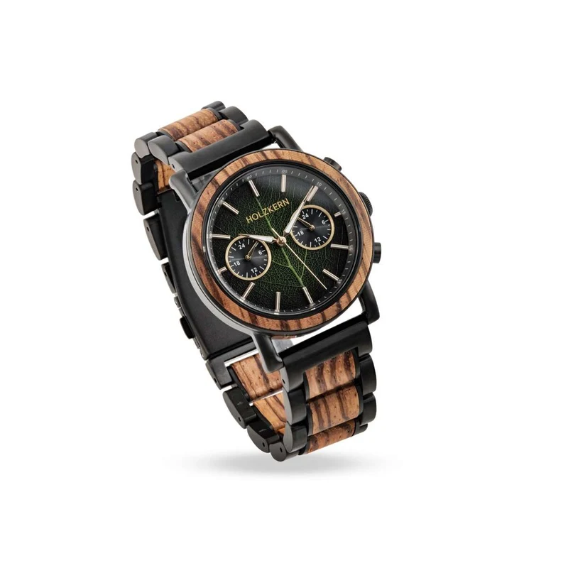 Holzkern Askja Herren Armbanduhr • Echtes Blatt Zifferblatt • Zebranoholz & Edelstahl