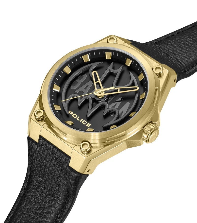 Police Batwing PEWGA0090006-SET Herrenuhr Schwarz/Gold • Goldplattiertes Edelstahlgehäuse • Rotierendes Batman-Symbol