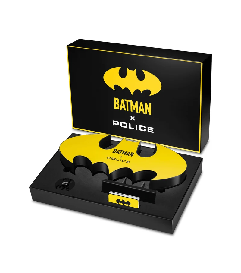 Police Batwing PEWGA0090006-SET Herrenuhr Schwarz/Gold • Goldplattiertes Edelstahlgehäuse • Rotierendes Batman-Symbol