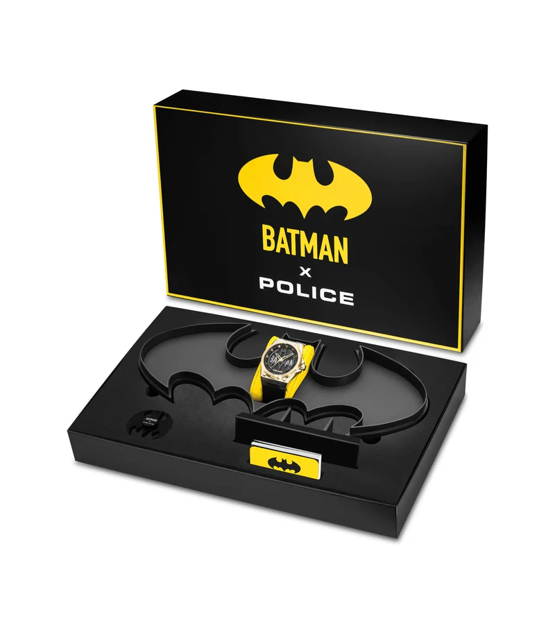 Police Batwing PEWGA0090006-SET Herrenuhr Schwarz/Gold • Goldplattiertes Edelstahlgehäuse • Rotierendes Batman-Symbol