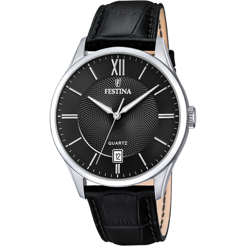Festina Classics F20426/3 Herrenuhr Schwarz • Schwarzes Lederarmband • 5 ATM Wasserdicht