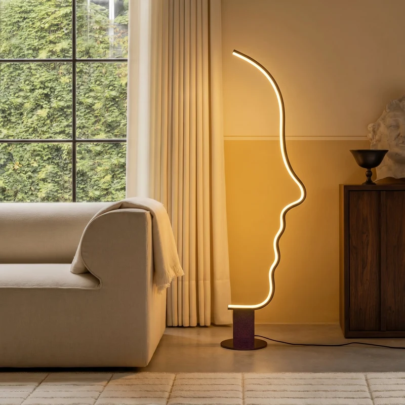 Sculpturale Vloerlamp met Gezichtsdesign Warmwit LED 3000K Aluminium Ijzer 142cm Hoog Woonkamer Sfeerlicht | Sansoti