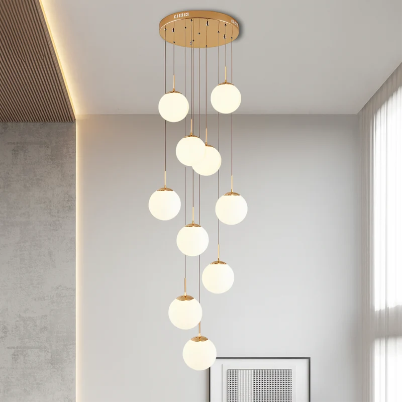 Trapsgewijze Kroonluchter met Glazen Bollen Verstelbaar voor Hoge Ruimtes Scandinavisch Design Woonkamer Eetkamer | Sansoti