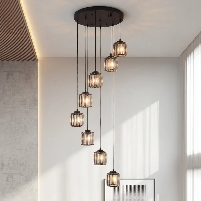 Kristallen Trapkroonluchter Verstelbaar E27 Geribbeld Glas Warm Licht Hoge Ruimtes Moderne Luxe Hal Entree | Sansoti