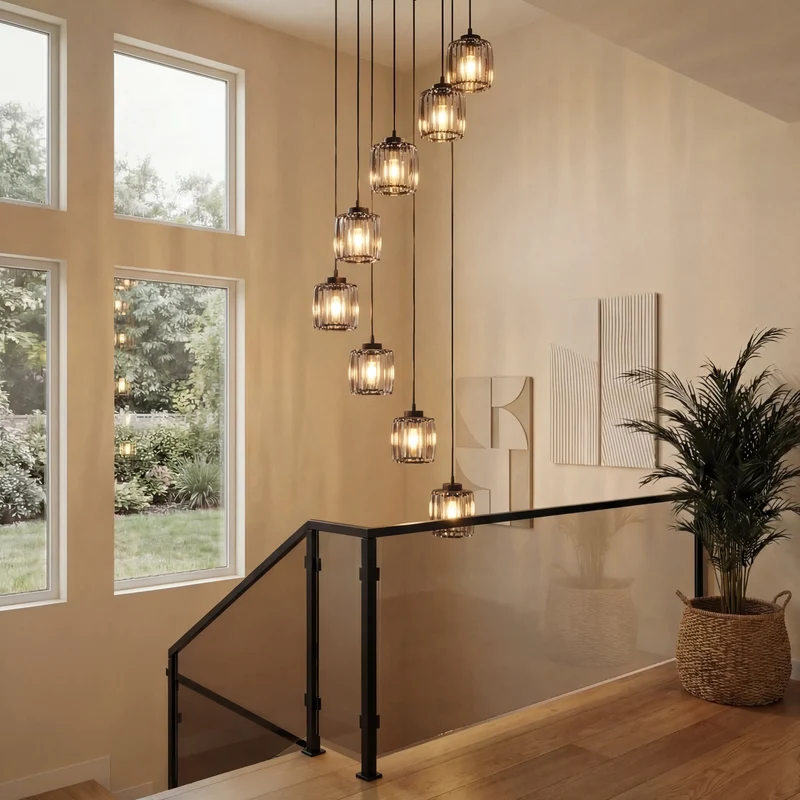 Kristallen Trapkroonluchter Verstelbaar E27 Geribbeld Glas Warm Licht Hoge Ruimtes Moderne Luxe Hal Entree | Sansoti