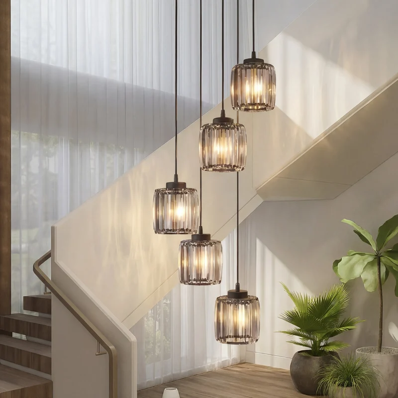 Kristallen Trapkroonluchter Verstelbaar E27 Geribbeld Glas Warm Licht Hoge Ruimtes Moderne Luxe Hal Entree | Sansoti