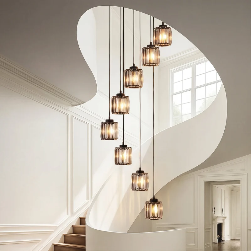 Kristallen Trapkroonluchter Verstelbaar E27 Geribbeld Glas Warm Licht Hoge Ruimtes Moderne Luxe Hal Entree | Sansoti