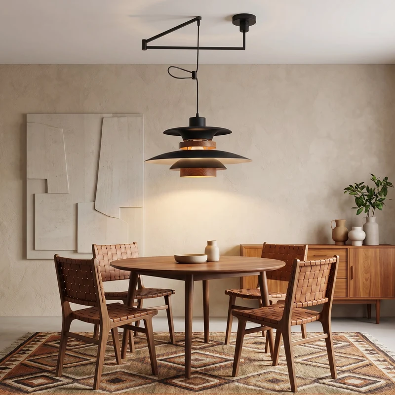 Verstelbare Hanglamp met Vier Lichtpunten Natuurlijke Houten Accenten Metaal E27 Zwenkarm Plafondlamp | Sansoti