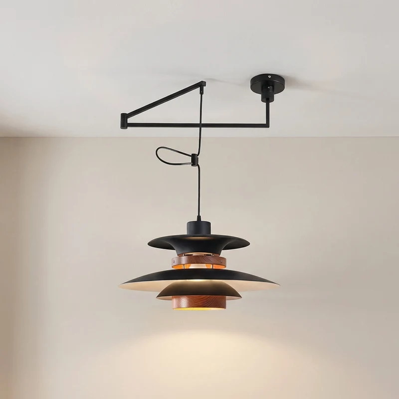 Verstelbare Hanglamp met Vier Lichtpunten Natuurlijke Houten Accenten Metaal E27 Zwenkarm Plafondlamp | Sansoti