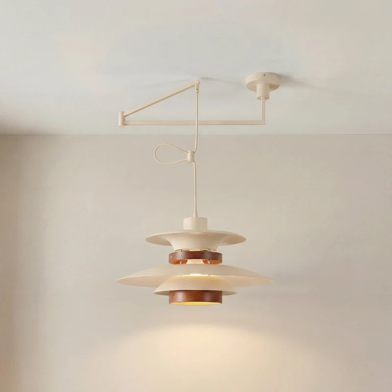 Verstelbare Hanglamp met Vier Lichtpunten Natuurlijke Houten Accenten Metaal E27 Zwenkarm Plafondlamp | Sansoti