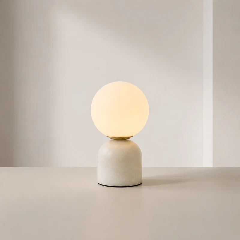 Tafellamp met Marmeren Voet en Matglazen Bol - Warm Wit LED 3000K - Scandinavisch Design voor Nachtkastje | Sansoti