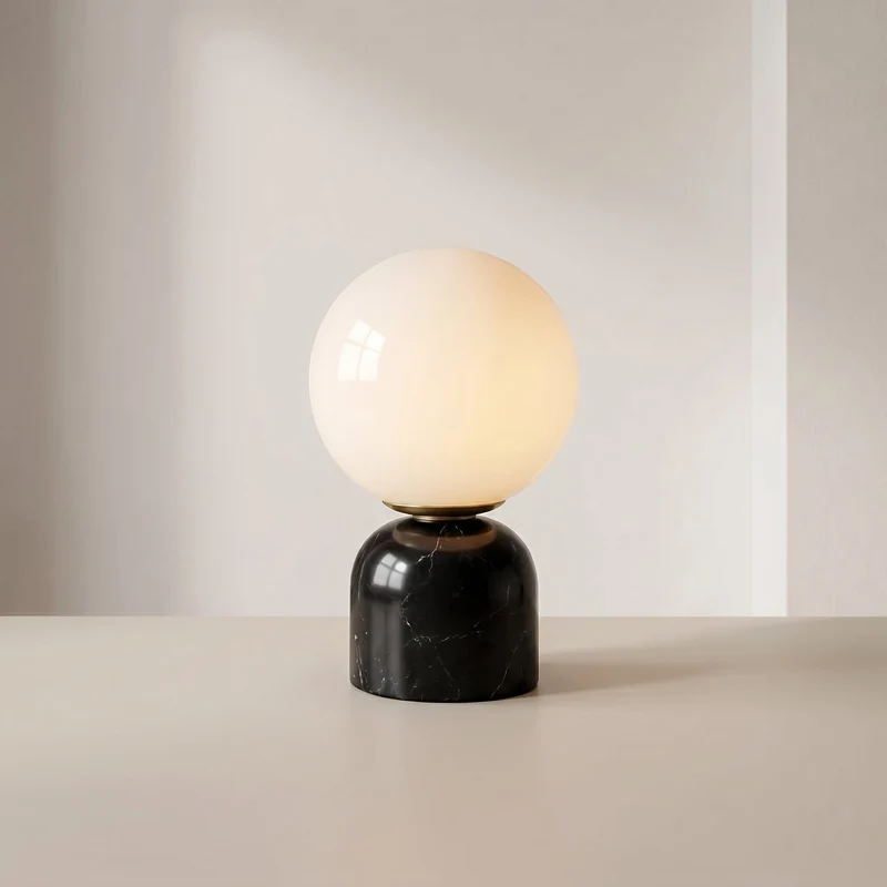 Tafellamp met Marmeren Voet en Matglazen Bol - Warm Wit LED 3000K - Scandinavisch Design voor Nachtkastje | Sansoti