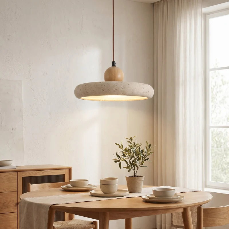 Hanglamp Travertijn Hout Natuursteen LED Eetkamer Verstelbaar Scandinavisch Design Sfeerverlichting Warm Licht | Sansoti