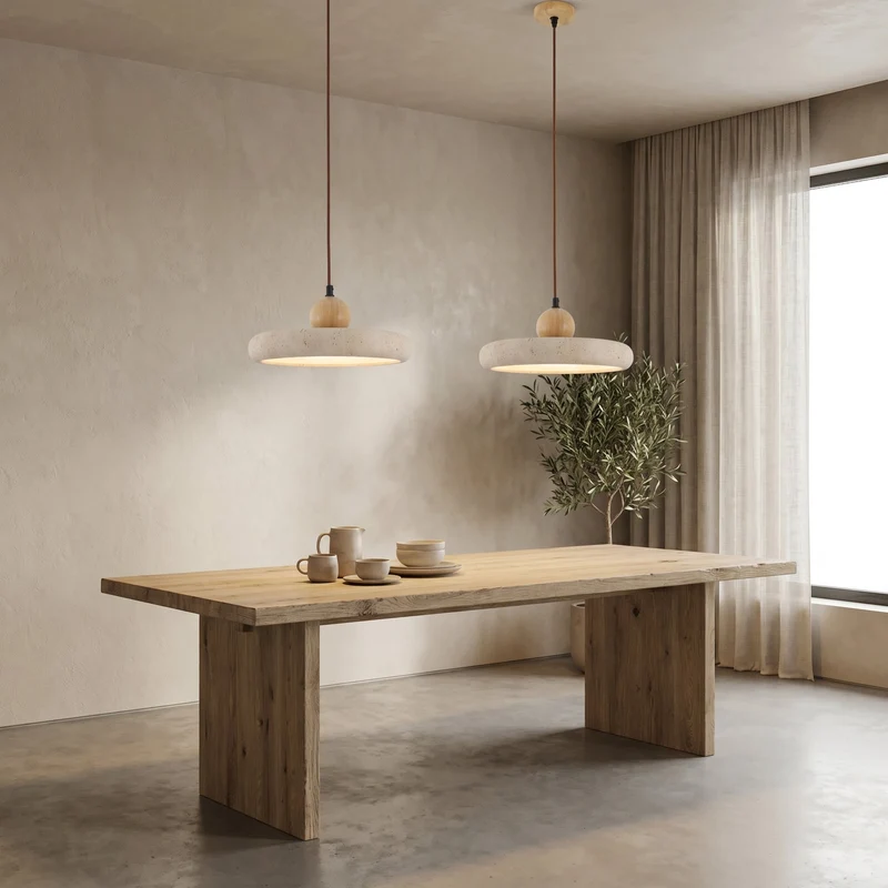 Hanglamp Travertijn Hout Natuursteen LED Eetkamer Verstelbaar Scandinavisch Design Sfeerverlichting Warm Licht | Sansoti