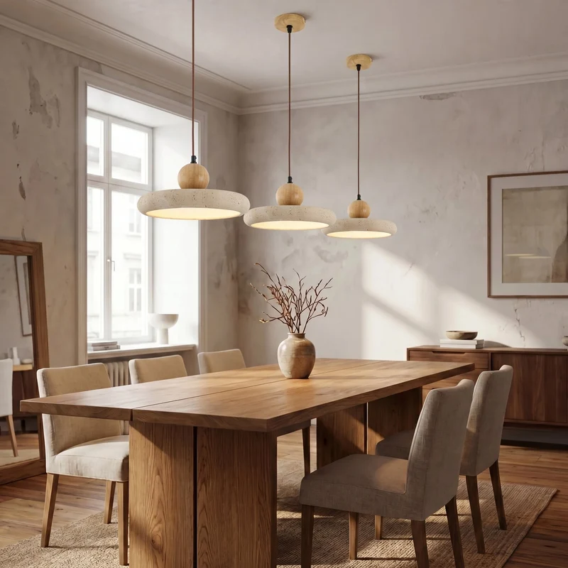 Hanglamp Travertijn Hout Natuursteen LED Eetkamer Verstelbaar Scandinavisch Design Sfeerverlichting Warm Licht | Sansoti